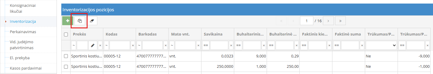 Inventorizacijos langas su pasirinkimais